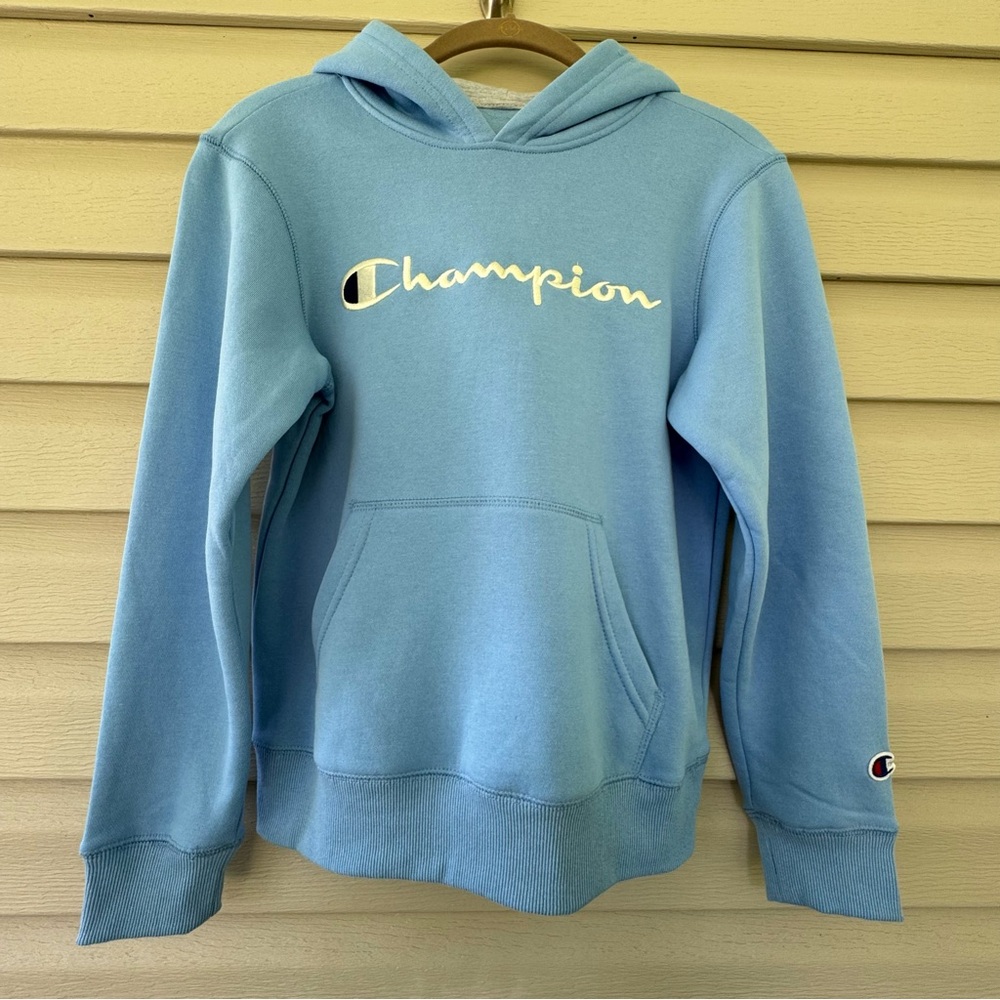 Champion Light Blue Pullover Hoodie with White Script